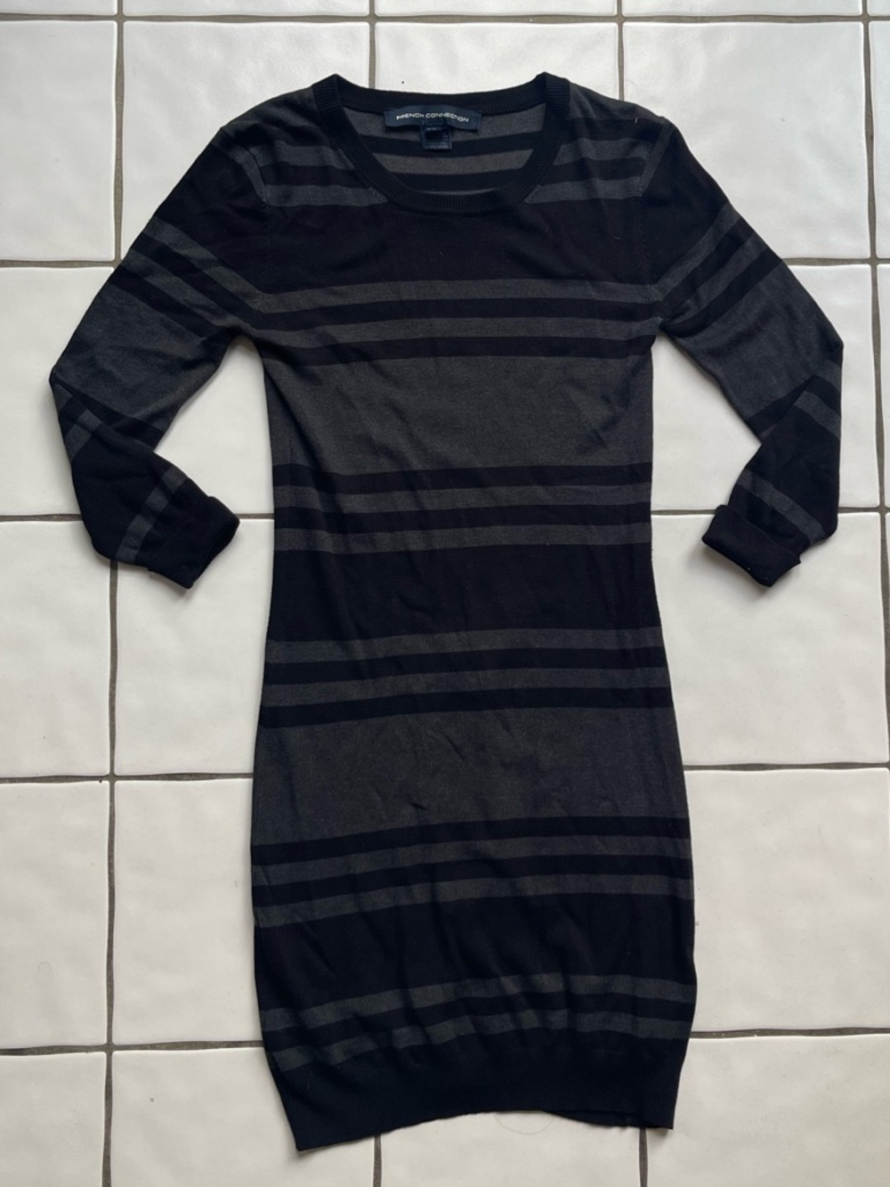 EUC French Connection Black and Gray Striped Lightweight Crewneck Sweater Dress